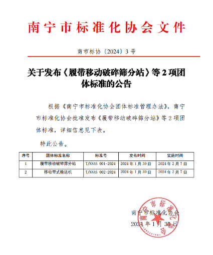 南宁市标准化协会发布《履带移动破碎筛分站》等2项团标_久阳机械