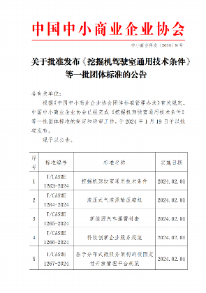 中国中小商业企业协会关于批准发布《挖掘机驾驶室通用技术条件》等一批团体标准的公告_久阳机械