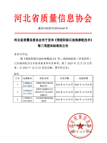 河北省质量信息协会关于发布《预焙阳极石油焦掺配技术》等三项团体标准的公告_久阳机械